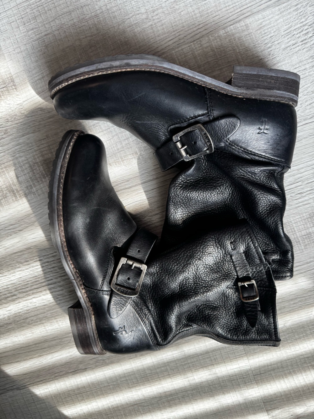 Frye Black Leather Buckle Engineer Boots - Picture 1 of 12